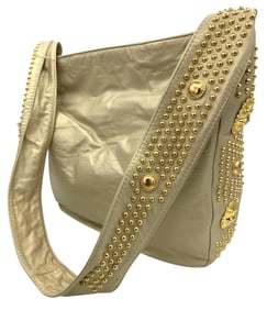 1980s New Old Stock BRUCE ALAN Burnished Metallic Gold Leather Lion Head Studded Oversize Purse
