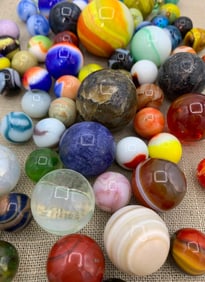 82 pc Vintage Art Glass Marbles, Shooters, Natural Stone Orbs, Sphere Collection