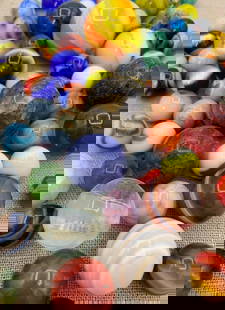 82 pc Vintage Art Glass Marbles, Shooters, Natural Stone Orbs, Sphere Collection: 1 3/8" to 3/8", rainbow hued, iridescent, slag, swirled and speckled, banded natural stone, luminous Labradorite, rich Sodalite and More!