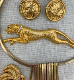 21 pc Jaguar, Owl, Mid Century to 80s Beaded Purse and Golden Costume Jewelry Collection