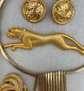 21 pc Jaguar, Owl, Mid Century to 80s Beaded Purse and Golden Costume Jewelry Collection: La Regale Ltd. Hong Kong beaded kiss clasp purse with lemon satin lining, Lux NAPIER chain choker, cloisonne Owl openwork pendant, glittering rhinestone Jaguar brooch and embossed pierced big cat earr