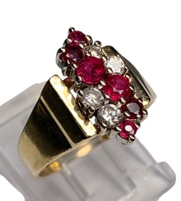 14K Gold, Rubies and Diamonds Fine Cluster Raised Shoulder Gemstone Ring