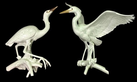 Incredible Pair of Mid Century RUTLEDGE Moss Green Pottery Heron Bird Sculptures