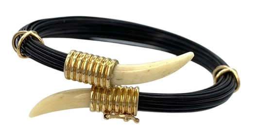 Ribbed 14k Gold African Elephant Tail Hair Exotic Bangle Bracelet