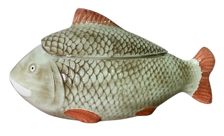 Portuguese Majolica Fish Shaped Ceramic Lidded Serving Dish
