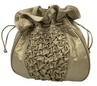 1980s New Old Stock Burnished Gold Leather Ruched Rhinestone Studded Bucket Bag, Purse with Tags