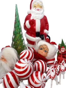 21 pc Vintage Christmas Blow Mold Santa, Candy Cane Striped Ornaments, Art Glass Tree Decoration