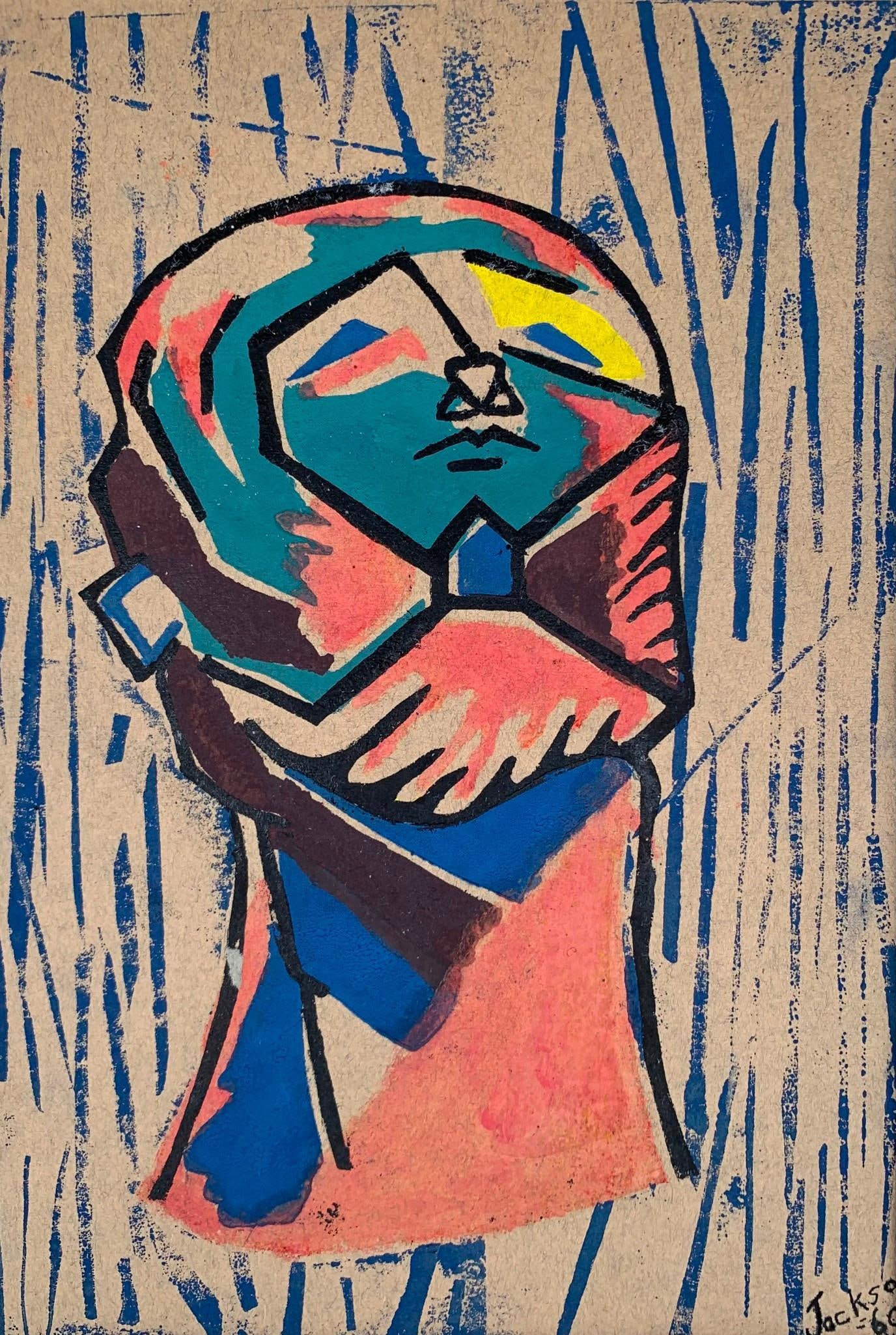 2 Modernist Mid Century Art Student Block Print Painting, Drawing, Original Artwork Projects (1 of 8)