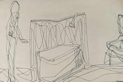 Student Artist Don Warner Mid Century Abstract Modernist Black Ink Drawing