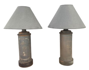 Pair Mid Century Japanese Character Cylindrical Wrapped Tin and Wood Table Lamps