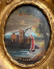 Miniature Gilded Wood Frame Hand Painted Oil Painting, Artist Signed TARA