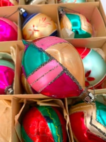 12 pc Vintage POLAND and SHINY-BRITE Glittered Rainbow Glass Christmas Tree Ornaments with Box