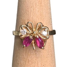 14k Gold, Marquise Shaped Rubies and Sparkling Diamonds Butterfly Ring