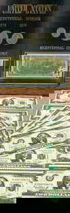 US $2 Bill Bicentennial 1976 Paper Money Dollars and Coin Currency Collection: 9 loose 1976 $2 bills (2 not as crisp as the others), history of US $2 bill money sleeve, and a framed 1976 stamped $2 bill and coins collection, measuring 12 1/4" x 10 3/8".