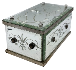 Opulent Antique Etched and Engraved Mirrored Glass Jewelry Casket, Dresser Jewel Box