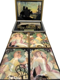 6 pc 1930s Silhouette Wild West Advertising and Convex Glass Boudoir Genteel Ladies Artwork