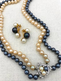 Mid Century PRESTIGE Double Strand Cream and Black Faux Pearl Necklace with Sleeve and Box