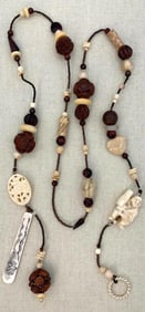Hand Carved Japanese Netsuke, Pits, Rudraksha Bead, Natural Stones, Scrimshaw Good Fortune Necklace