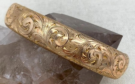 Antique Ornately Engraved Victorian era Gold Filled Hinged Bangle Bracelet