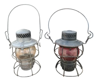 Pair Antique LIONEL and DRESSEL Clear and Red Glass Globe Railroad Signal Lanterns