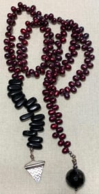 Oval Black Cherry Freshwater Pearl and Onyx Asymmetrical Artisan Made Necklace