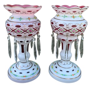 Pair Antique White Cut to Cranberry Hand Painted Glass Prism Mantle Lusters, Candle Sconce Lights