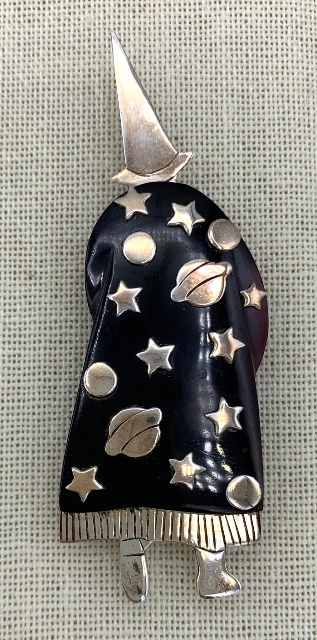 Sterling Silver and Shell Wizard Pendant, Zealandia Planets and Stars Magical Sorcerer Brooch: 3" x 1", hallmarked 925 Zealandia, working pin back and hoop for chain, light surface tarnish to areas of the Sterling.