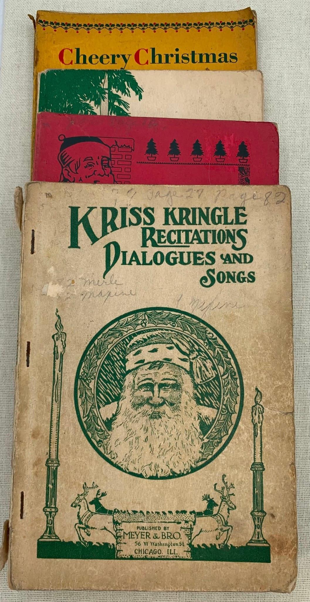 Four 1914 - Mid Century Antique to Vintage Christmas Plays, Pageants, Christmas Entertainment Books: Each full of children's holiday entertainment options... from plays, short stories, rhymes, pageant instructions, songs, drills and tableaux. All with age, wear and penciled writing, a few pages cut o