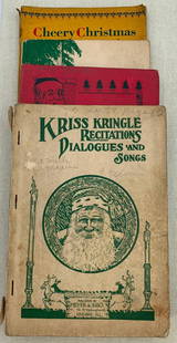 Four 1914 - Mid Century Antique to Vintage Christmas Plays, Pageants, Christmas Entertainment Books: Each full of children's holiday entertainment options... from plays, short stories, rhymes, pageant instructions, songs, drills and tableaux. All with age, wear and penciled writing, a few pages cut o