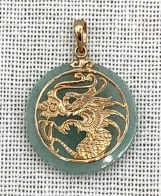 14k Yellow Gold Mystical Dragon Moss Green Jade Medallion Necklace Pendant