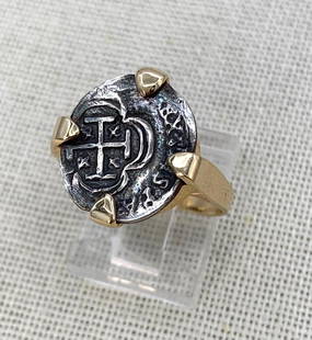 14k Gold and Silver ATOCHA Spanish Coin Ring: 5.2 gram weight, hallmarked 14k, 8.75 size, FANTASTIC!