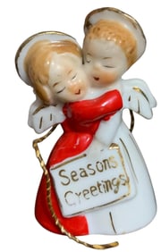 6 Mid Century ARDALT Japan Porcelain Miniature Christmas Hugging Angels Bell Set, Early Halle's Box