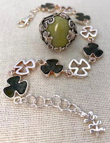 Irish Sterling Silver Shamrock Moss Green Connemara Marble Statement Ring and Clover 925 Bracelet