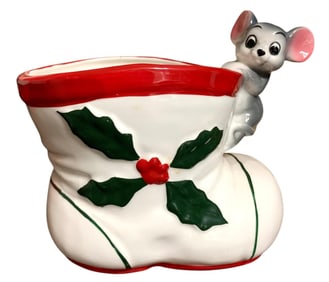 Mid Century Japan Mouse Christmas Boot Ceramic Candy Bowl, Cookie Jar, Holiday Vase