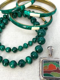 Malachite Graduated Bead Necklace and 3 Bangle Bracelets, 925 Mosaic Western Mountain Inlaid Pendant