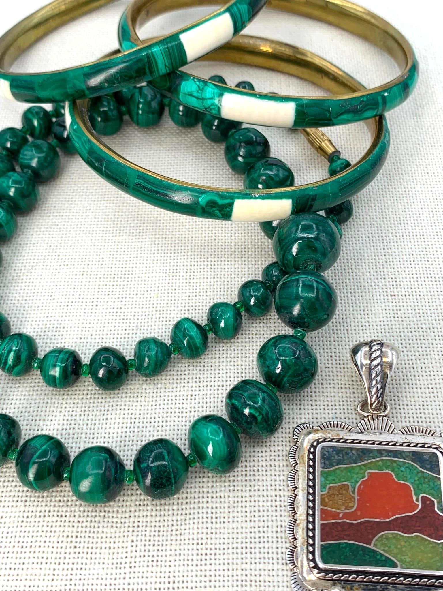 Malachite Graduated Bead Necklace and 3 Bangle Bracelets, 925 Mosaic Western Mountain Inlaid Pendant (1 of 19)
