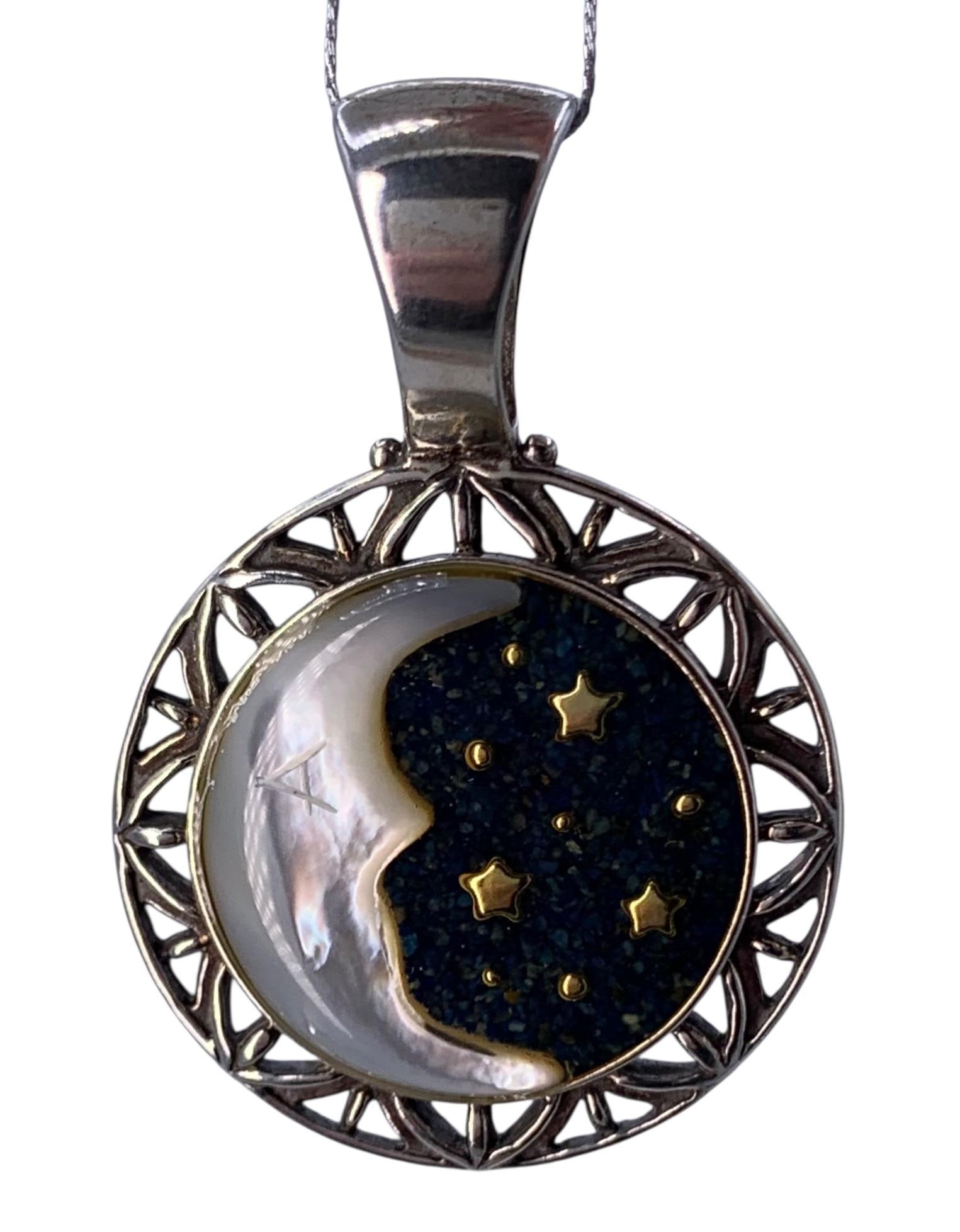 Carolyn Pollack Sterling Silver Relios Mother of Pearl Crescent Moon and Stars Enamel 925 Pendant (1 of 8)