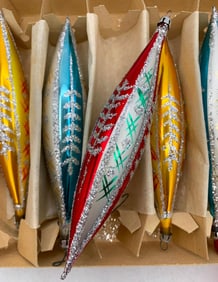 12 Vintage Polish Blown Glass Glittered Elongated Christmas Tree Ornaments in Santa Land Boxes