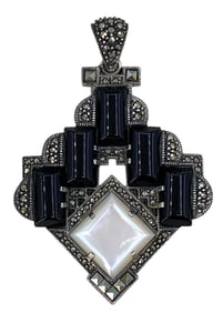 Judith Jack Vintage Art Deco Style Sterling, Marcasite, Onyx and Mother of Pearl Pendant