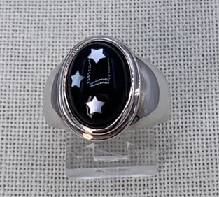 Mystical Sterling Silver BADAVICI Mother of Pearl Star Inlaid Onyx Cabochon Ring