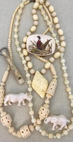 7 pc Hand Carved Natural and Composite Jewelry, Etched Buckle, Animal Figurine Collection