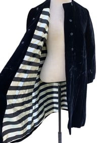 2 pc Mid Century Striped Satin Lined Velvet Cocktail Coat and Raven Velvet Full Length Dinner Dress