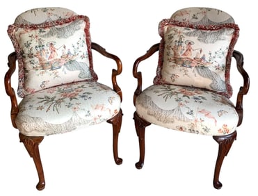 Fantastic Pair of Vintage Chinoiserie Upholstered Boudoir Armchairs with Feather Filled Pillows