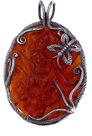 Large Hand Carved Apricot Jade Sterling Silver Butterfly Frame Pendant