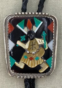 BEV ETSATE Signed ZUNI Native American Turquoise, Coral, Jet Inlaid Sterling Bolo Tie Necklace