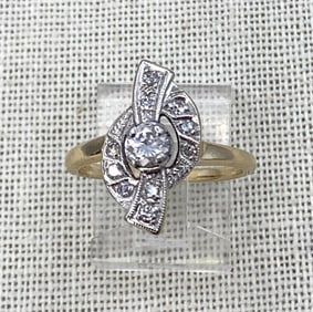 14k Gold Art Deco Sparkling 11 Diamond Spiral Tied Ribbon Promise Ring