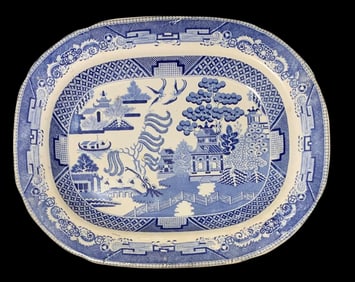 Large 18 inch Antique 19th Century Staffordshire Opaque China Blue Willow Oval Serving Platter