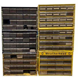 6 pc Vintage Metal Service Station, Shop, Stacking Multi Drawer Weatherhead Parts Storage Cabinets