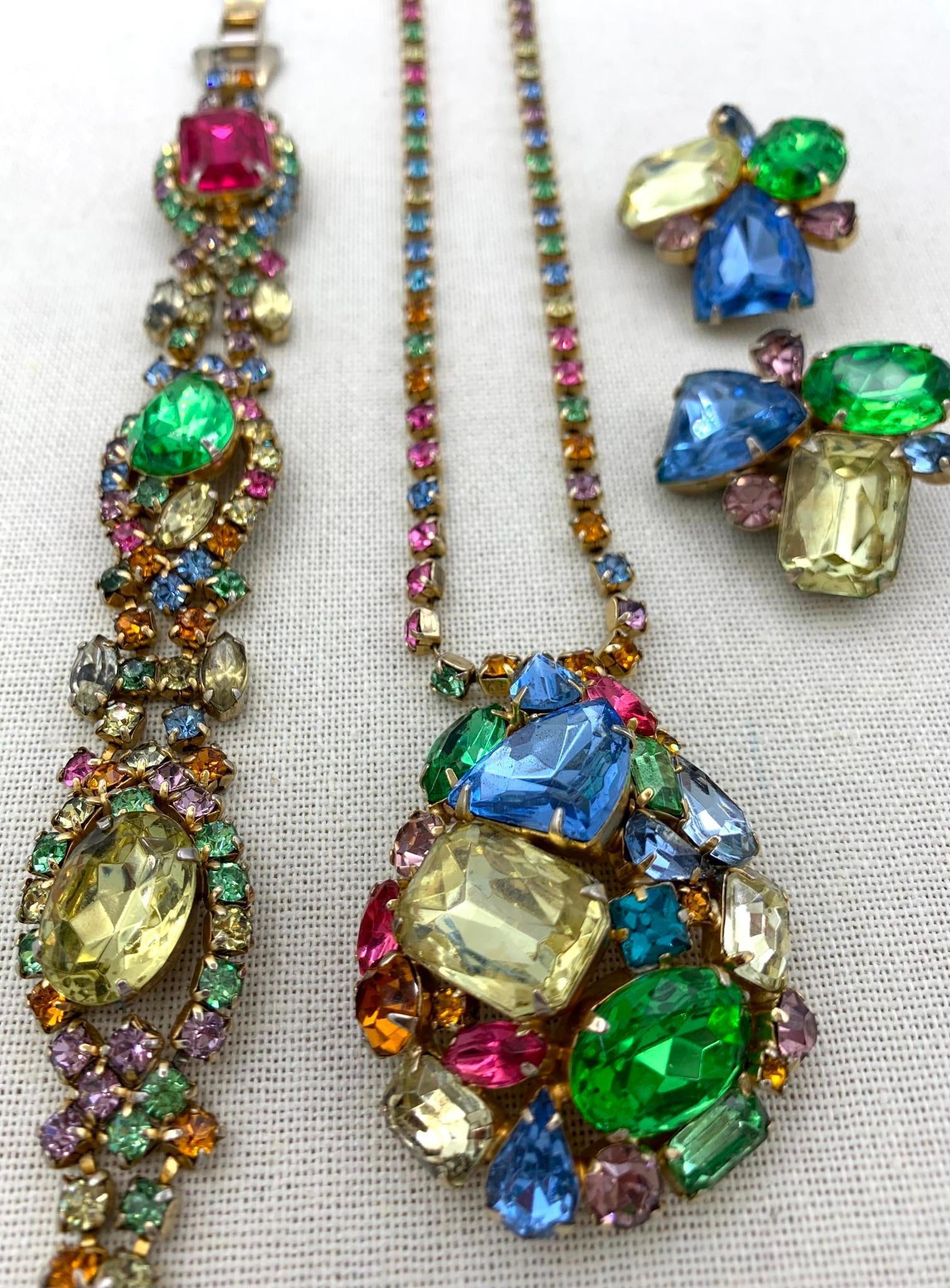 4 pc Mid Century Sparkling Pastel Tutti-Fruitti Rhinestone Necklace, Earrings and Bracelet (1 of 11)