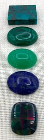 5 Large Carat Unmounted Jewelers Gemstones: Malachite, Jade, Mosaic Opal, Lapis, Chrysocolla